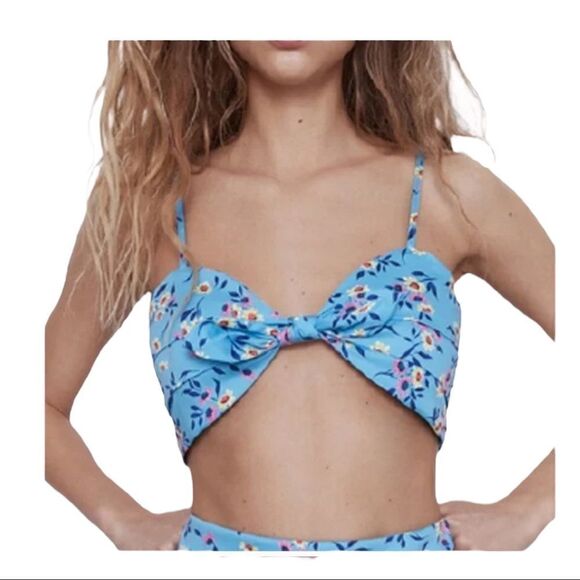 NWT XL Zara Summer Blue Floral Front Knot Crop Top - Picture 2 of 8
